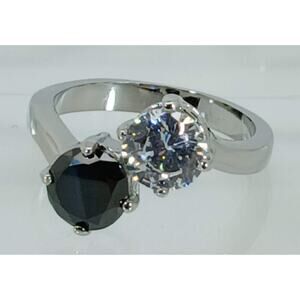 Vintage Ring Size 8 Black Sim Diamond‎ CZ Silver Tone White Gold GP Engagement